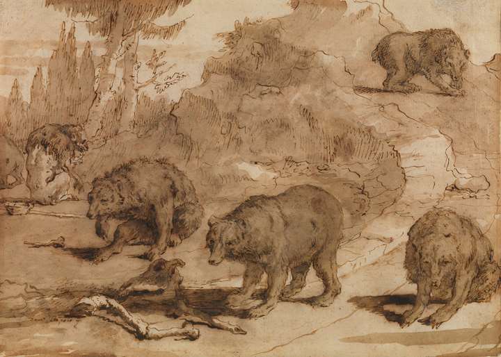 Bears and a Monkey in a landscape